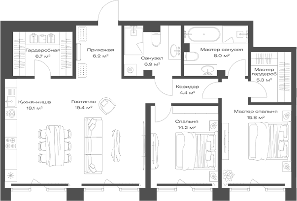 Планировка — Опус, 3-комн., 105 м²