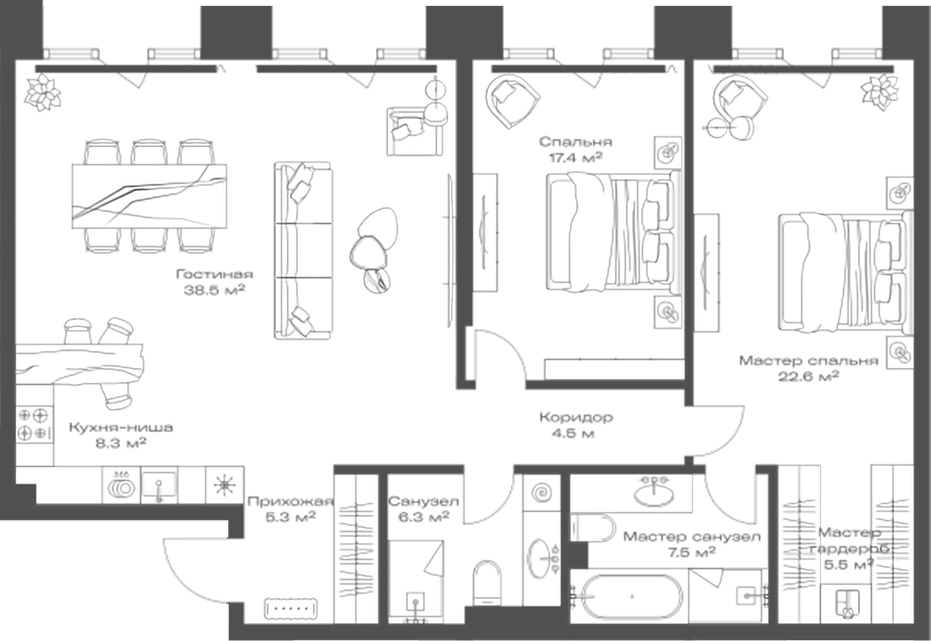 Планировка — Опус, 3-комн., 116 м²