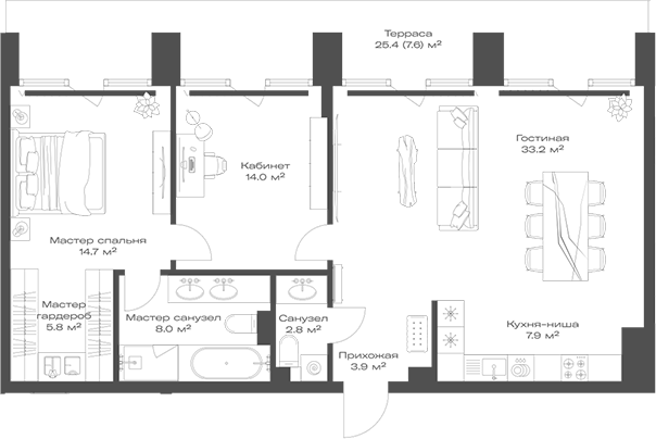 Планировка — Опус, 3-комн., 90 м²