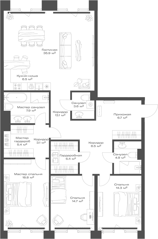 Планировка — Опус, 4-комн., 147 м²