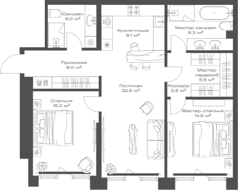 Планировка — Опус, 3-комн., 91 м²