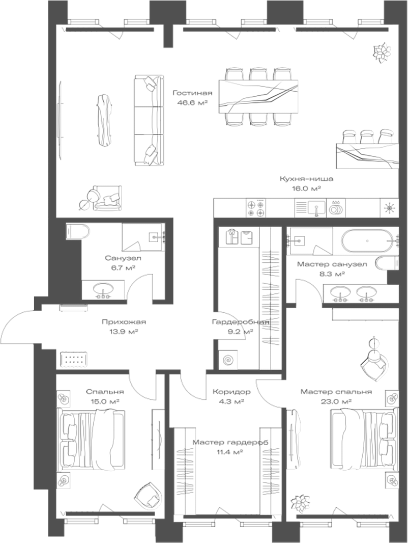 Планировка — Опус, 3-комн., 154 м²