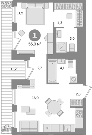 Планировка — Квартал Герцена, 1-комн., 44 м²