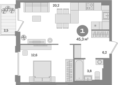 Планировка — Квартал Герцена, 1-комн., 43 м²
