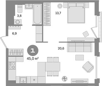 Планировка — Квартал Герцена, 1-комн., 45 м²
