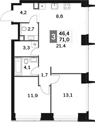 Планировка — Amber City, 3-комн., 71 м²
