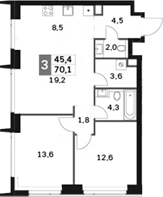 Планировка — Amber City, 3-комн., 70 м²