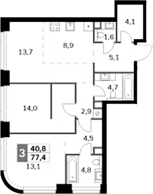 Планировка — Amber City, 3-комн., 77 м²