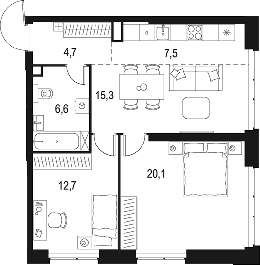 Планировка — Левел Мичуринский, 3-комн., 67 м²
