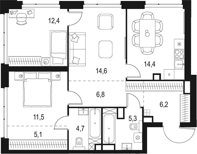 Планировка — Левел Мичуринский, 3-комн., 81 м²