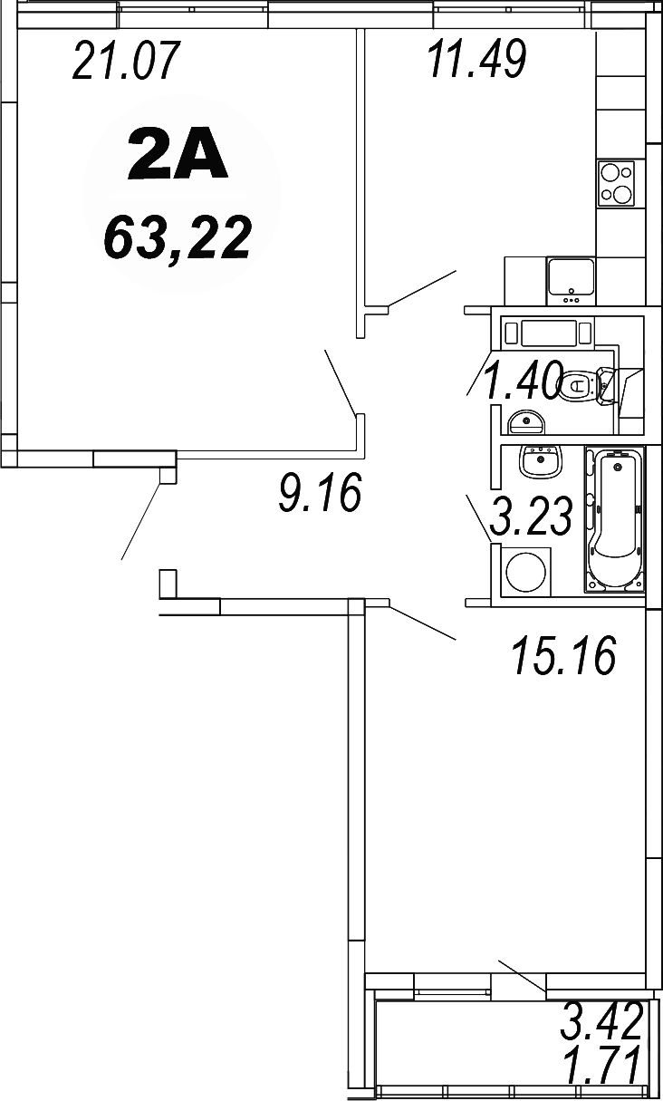 Планировка — Шолохово, 2-комн., 62 м²