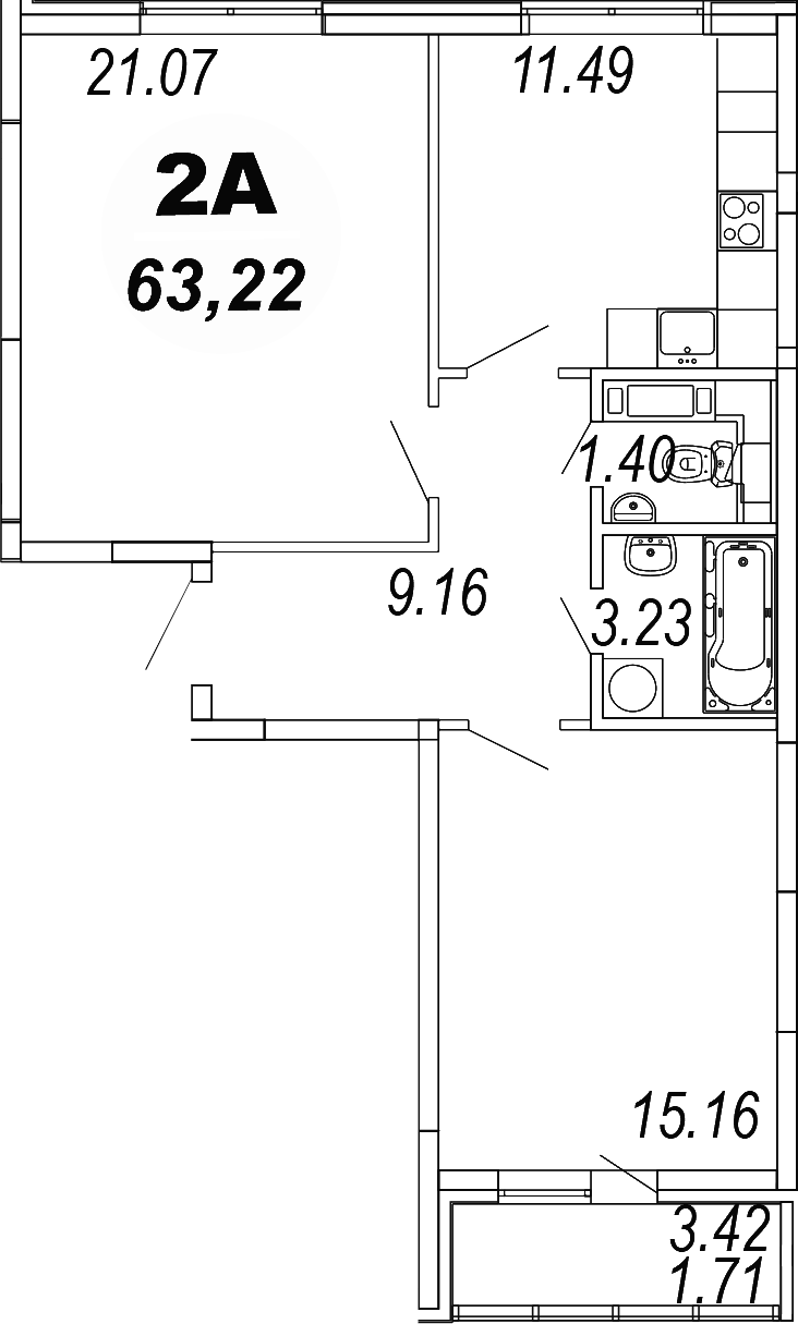 Планировка — Шолохово, 2-комн., 62 м²