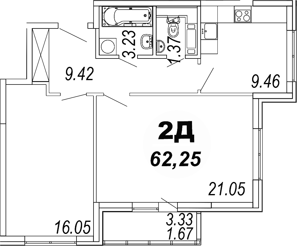 Планировка — Шолохово, 2-комн., 61 м²