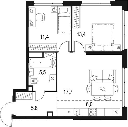 Планировка — Левел Мичуринский, 3-комн., 60 м²