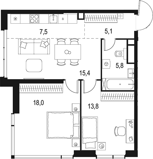 Планировка — Левел Мичуринский, 3-комн., 66 м²
