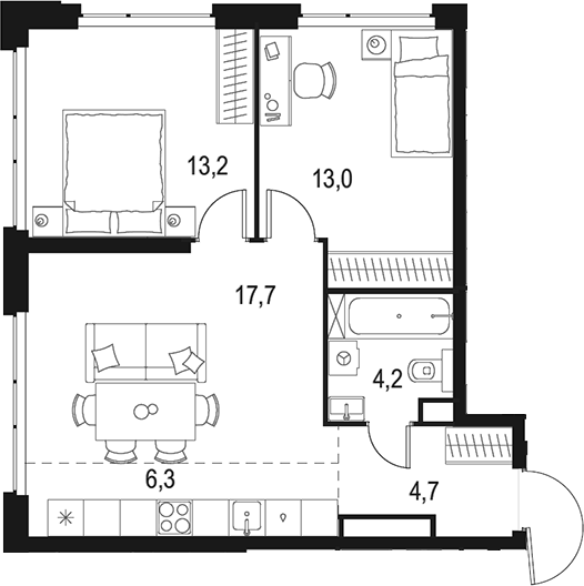Планировка — Левел Мичуринский, 3-комн., 59 м²