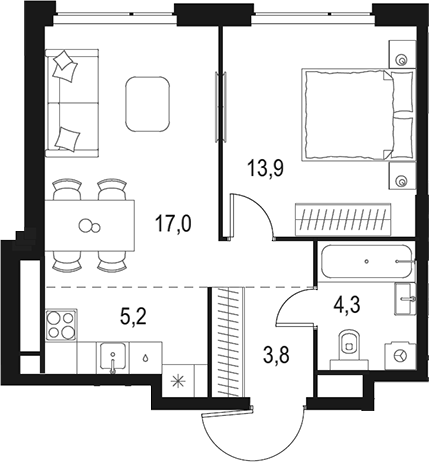 Планировка — Левел Мичуринский, 2-комн., 44 м²