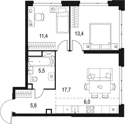 Планировка — Левел Мичуринский, 3-комн., 60 м²