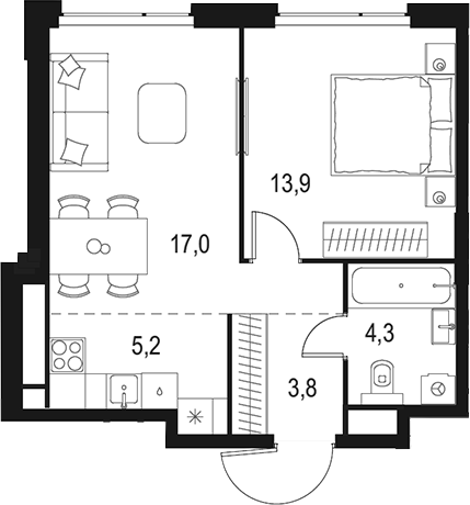 Планировка — Левел Мичуринский, 2-комн., 44 м²