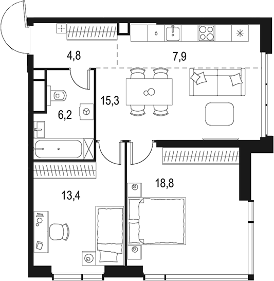 Планировка — Левел Мичуринский, 3-комн., 66 м²