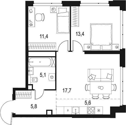 Планировка — Левел Мичуринский, 3-комн., 59 м²