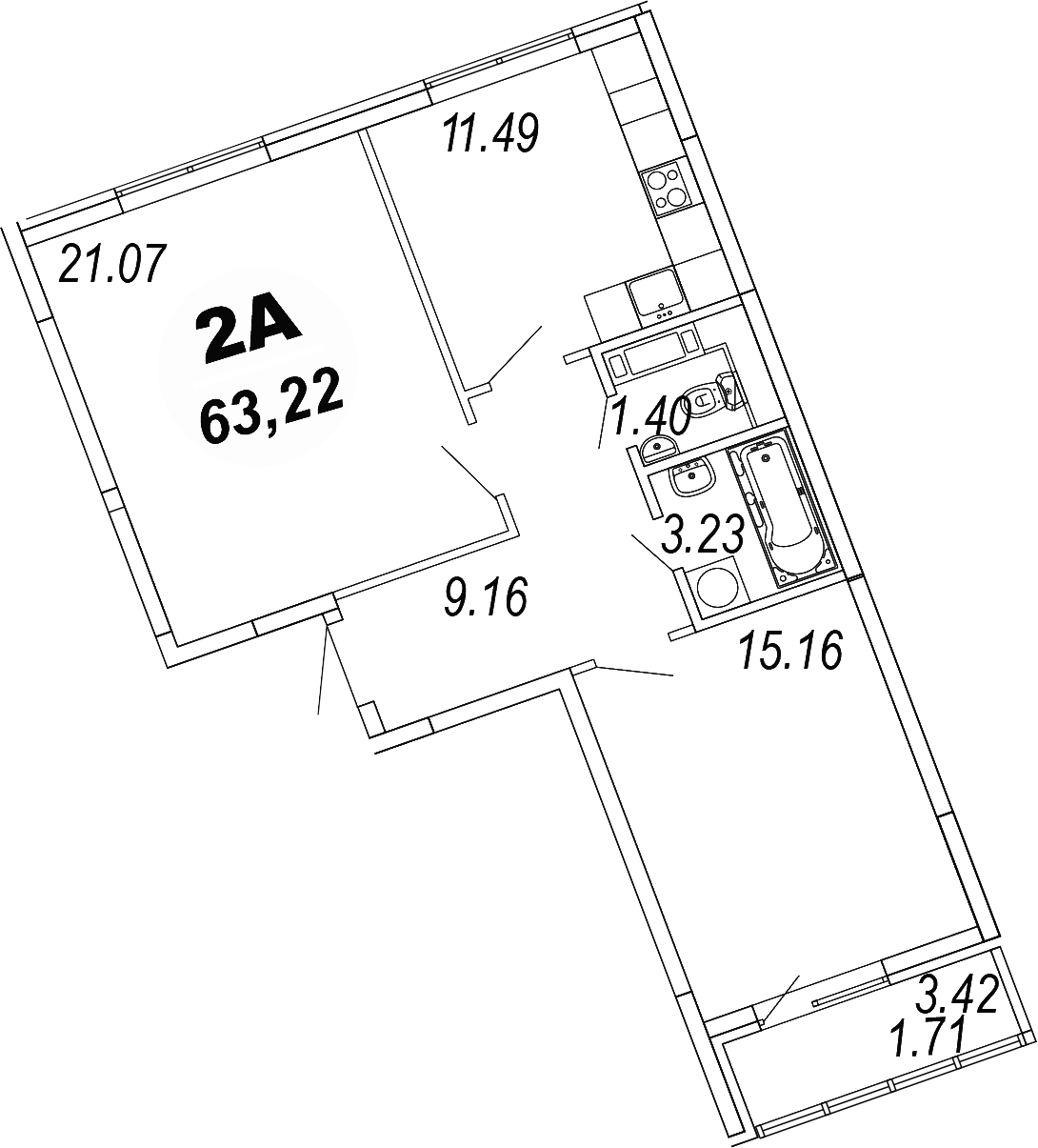 Планировка — Шолохово, 2-комн., 62 м²