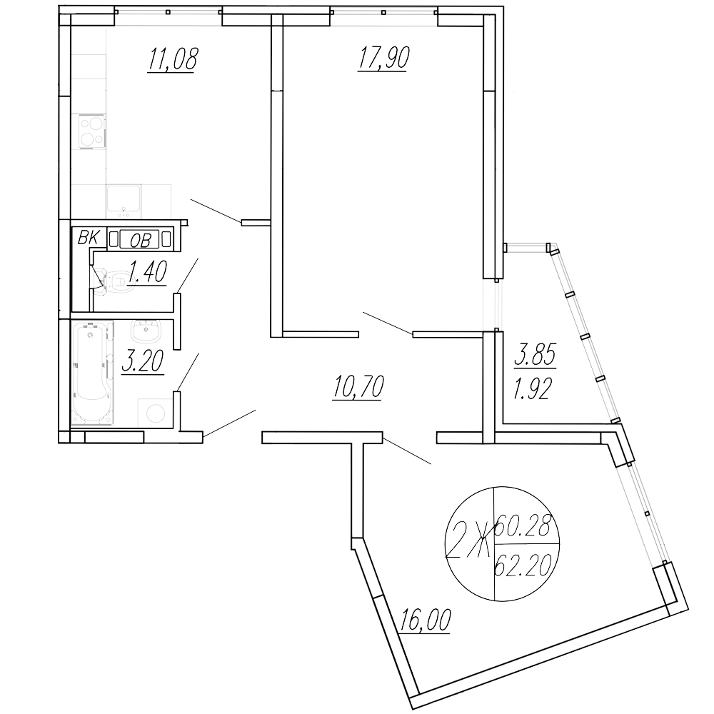 Планировка — Шолохово, 2-комн., 60 м²