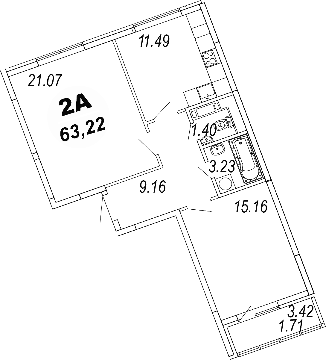 Планировка — Шолохово, 2-комн., 62 м²