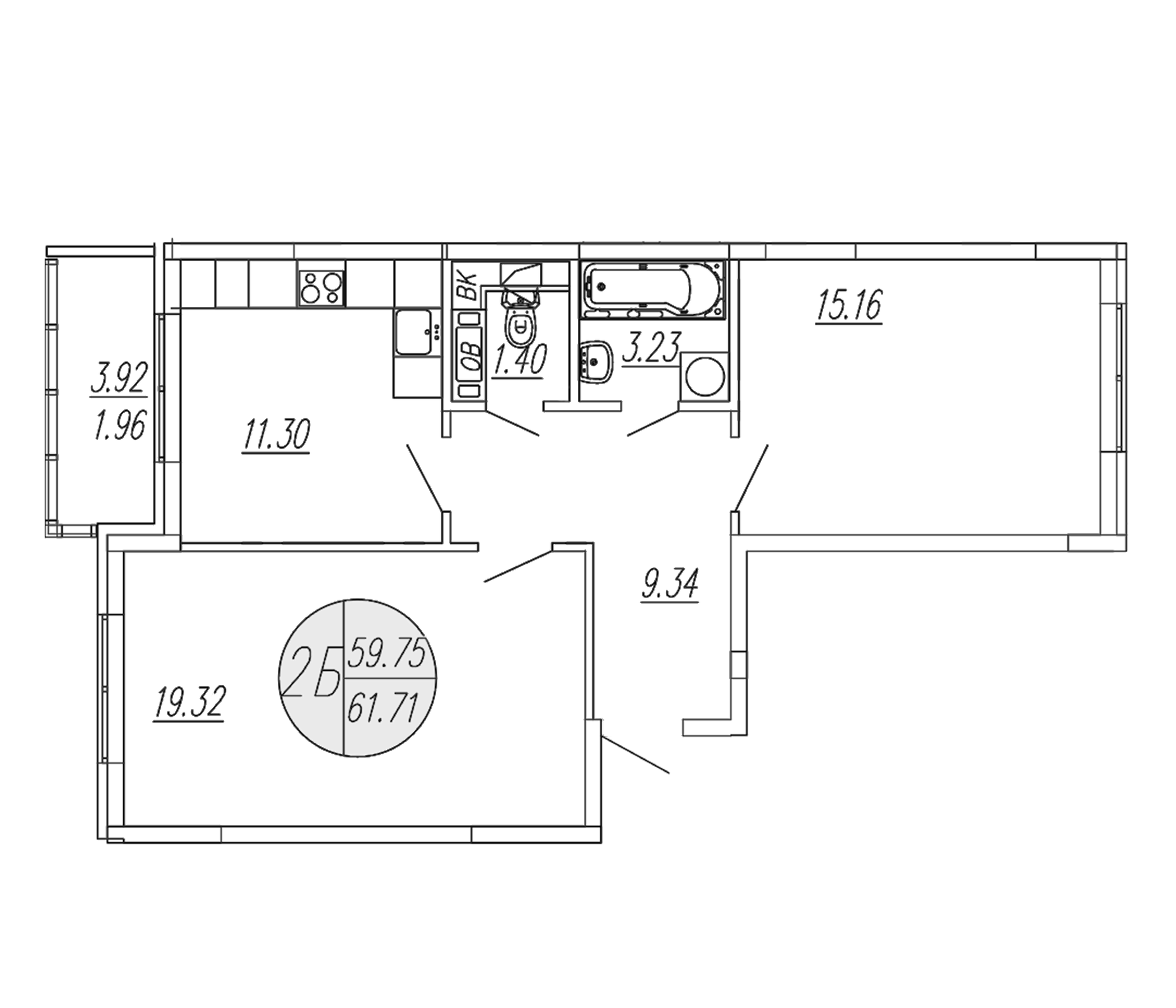 Планировка — Шолохово, 2-комн., 60 м²