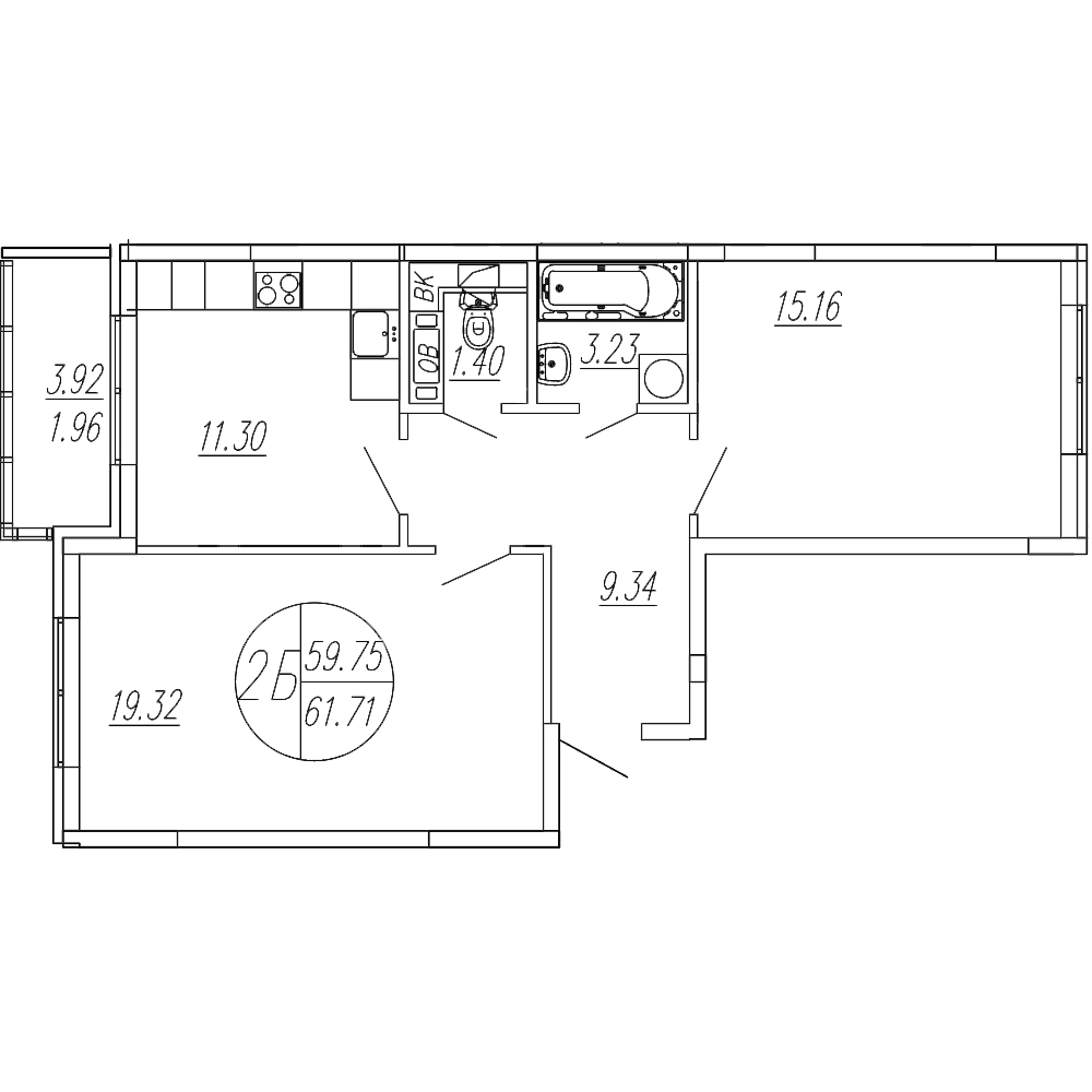 Планировка — Шолохово, 2-комн., 60 м²