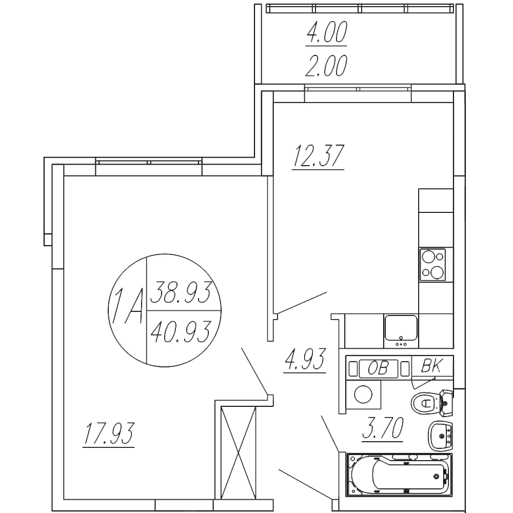 Планировка — Шолохово, 1-комн., 39 м²