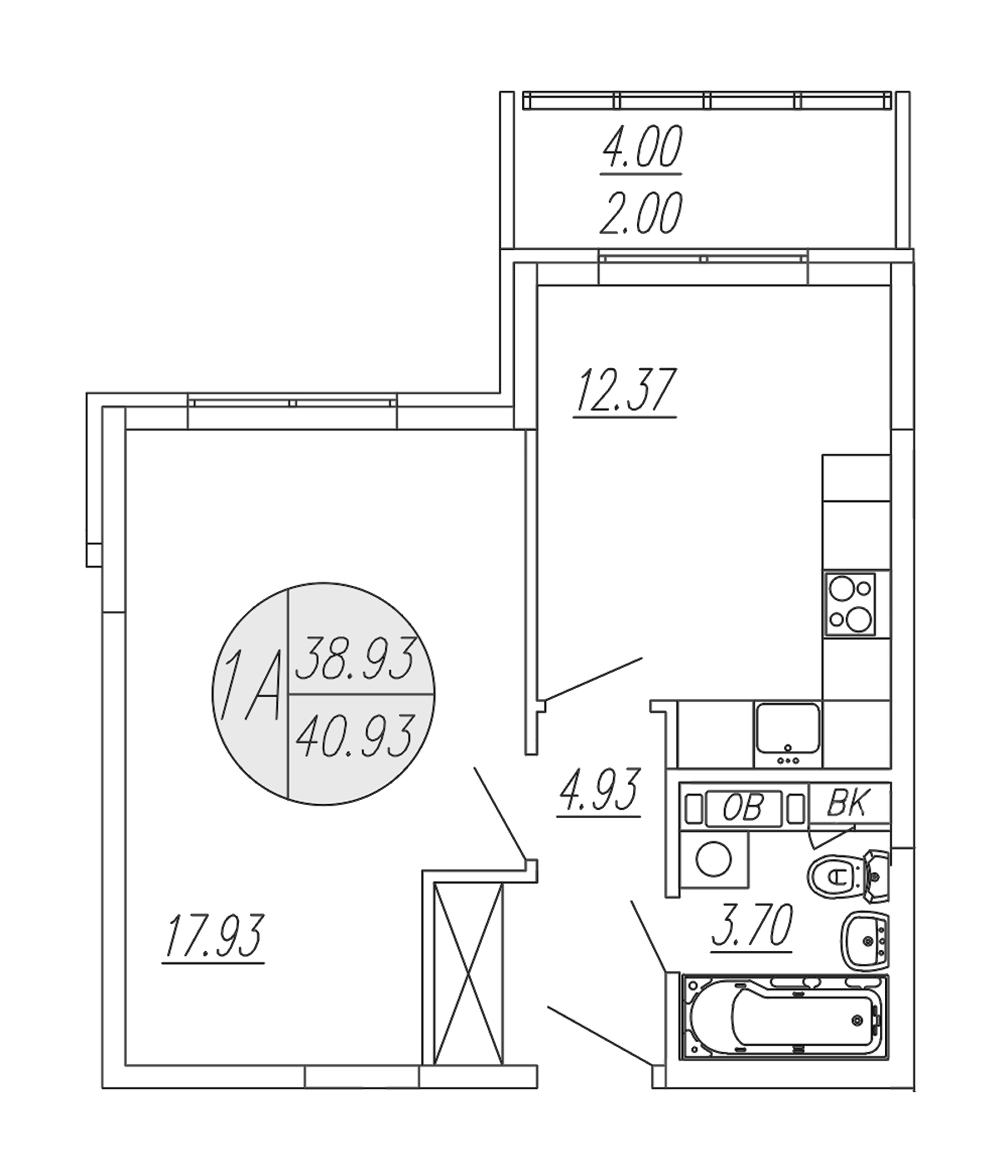 Планировка — Шолохово, 1-комн., 39 м²