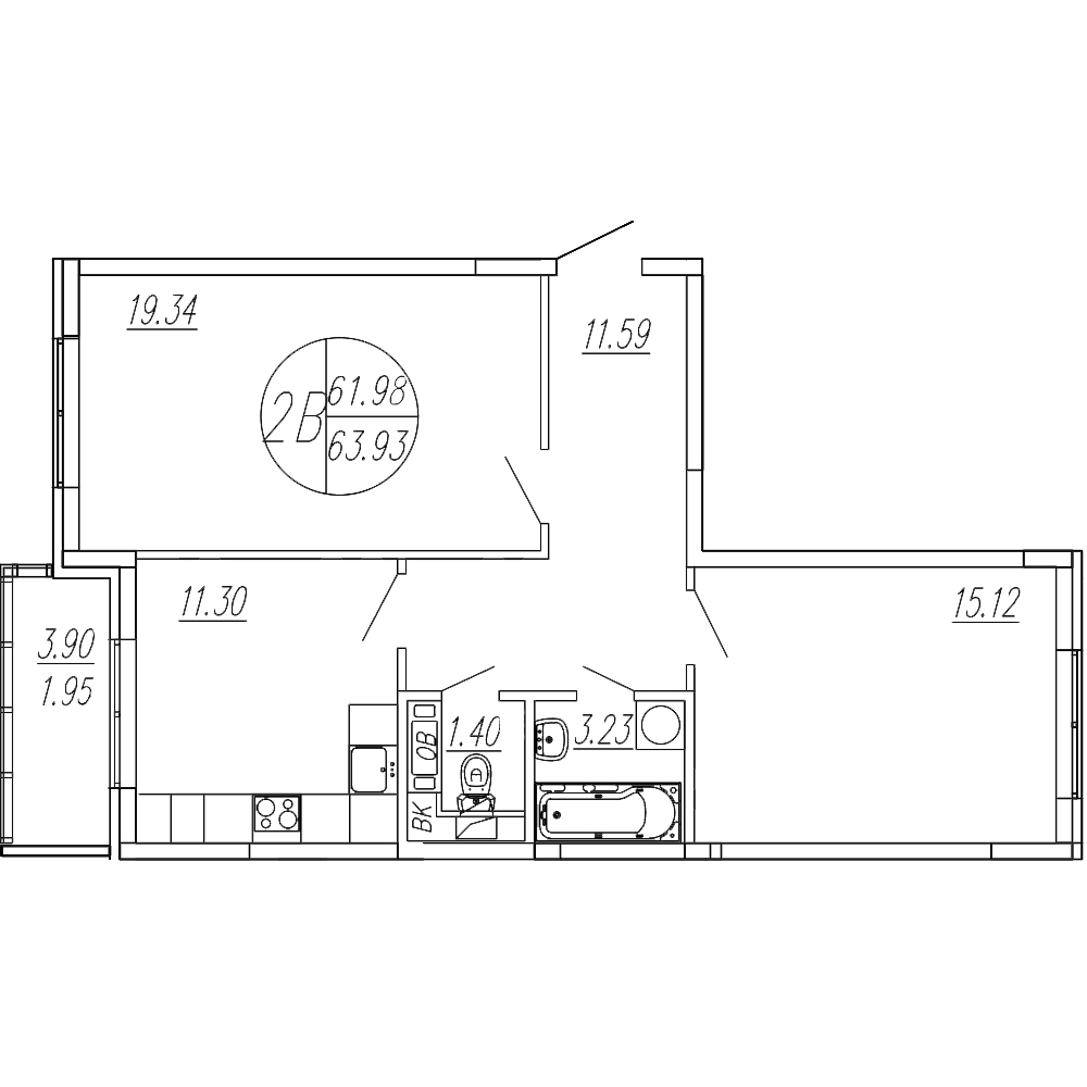 Планировка — Шолохово, 2-комн., 62 м²