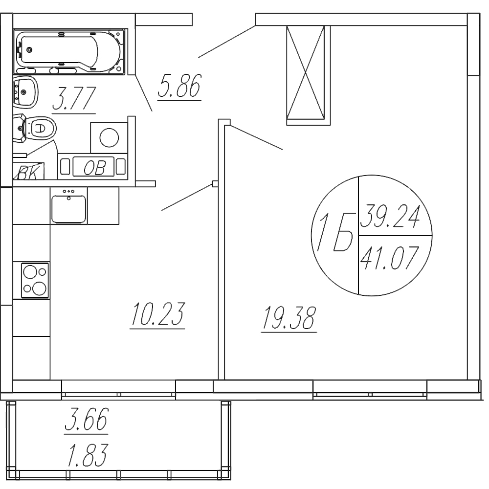 Планировка — Шолохово, 1-комн., 39 м²
