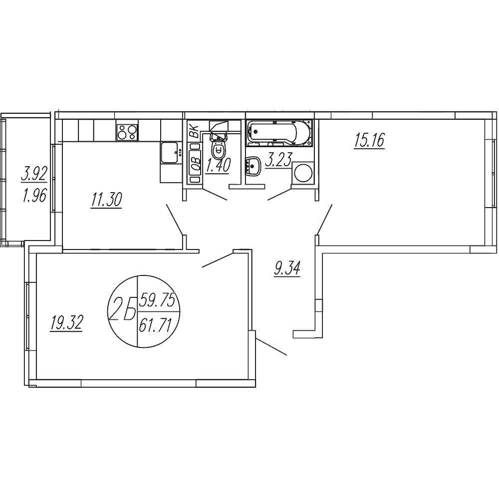 Планировка — Шолохово, 2-комн., 60 м²