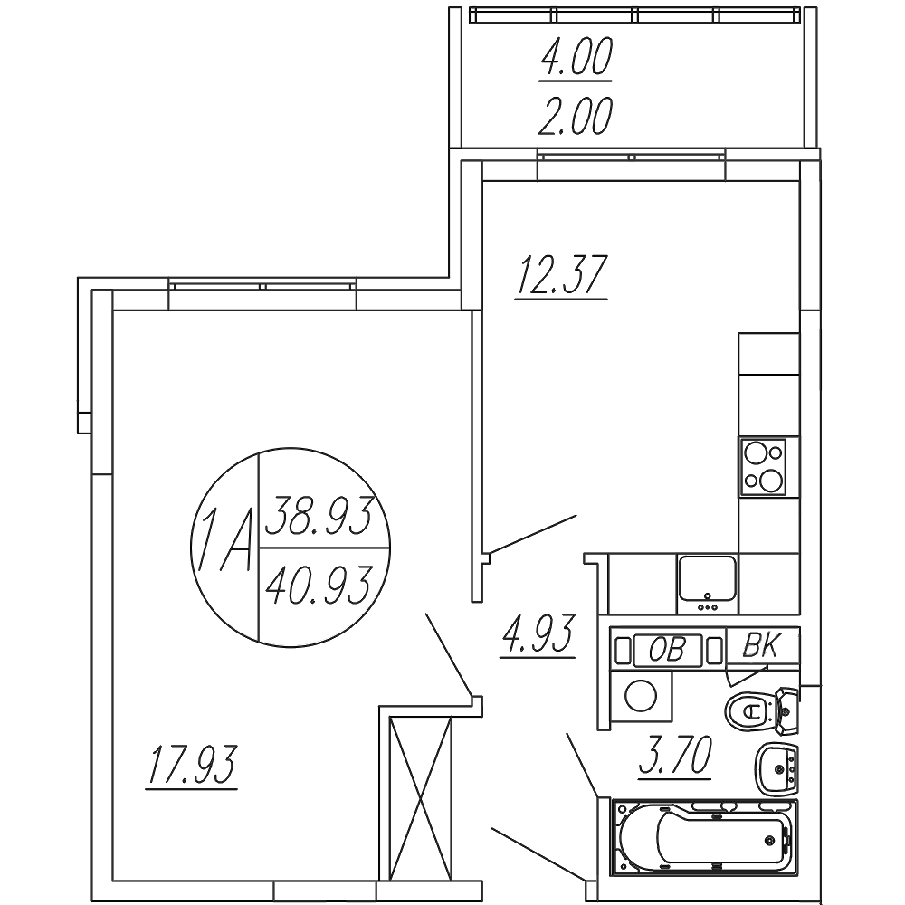 Планировка — Шолохово, 1-комн., 39 м²
