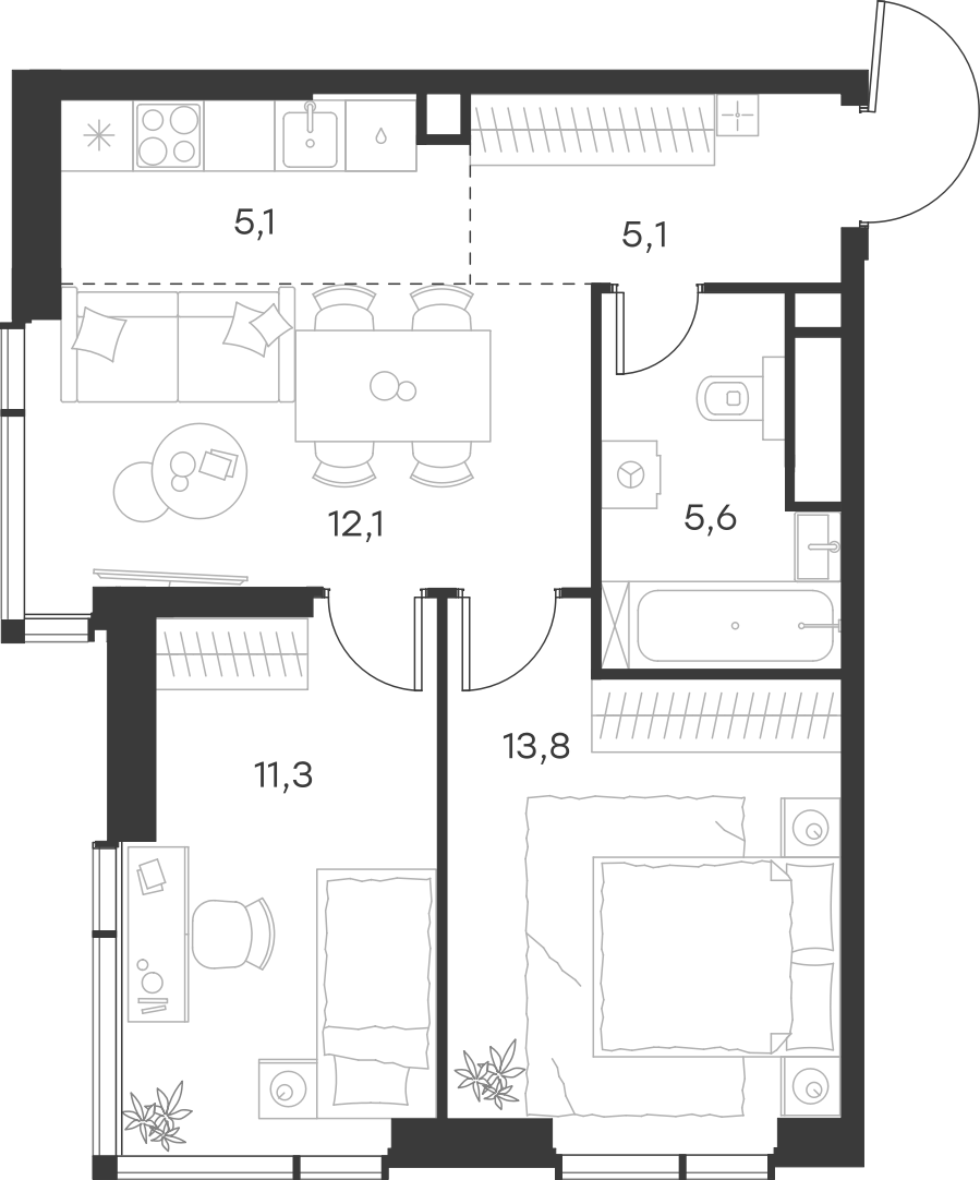 Планировка — Левел Мичуринский, 3-комн., 53 м²