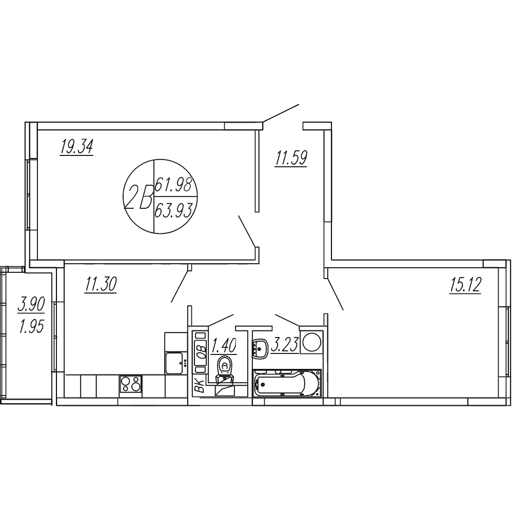 Планировка — Шолохово, 2-комн., 62 м²