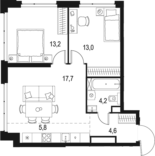 Планировка — Левел Мичуринский, 3-комн., 59 м²