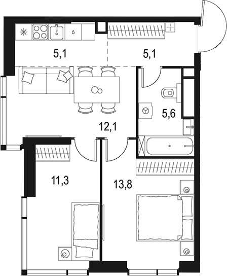 Планировка — Левел Мичуринский, 3-комн., 53 м²