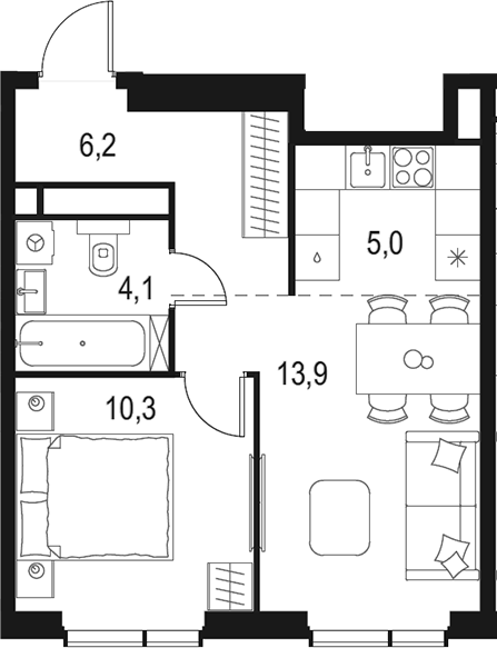 Планировка — Левел Мичуринский, 2-комн., 40 м²