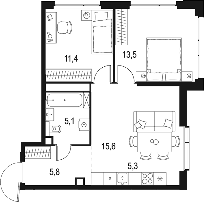 Планировка — Левел Мичуринский, 3-комн., 57 м²