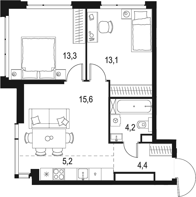 Планировка — Левел Мичуринский, 3-комн., 56 м²
