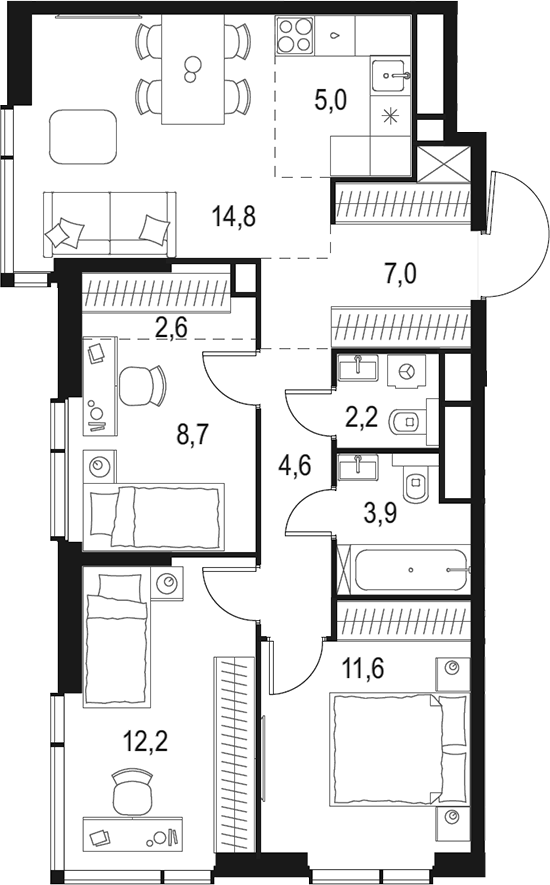 Планировка — Левел Мичуринский, 4-комн., 73 м²