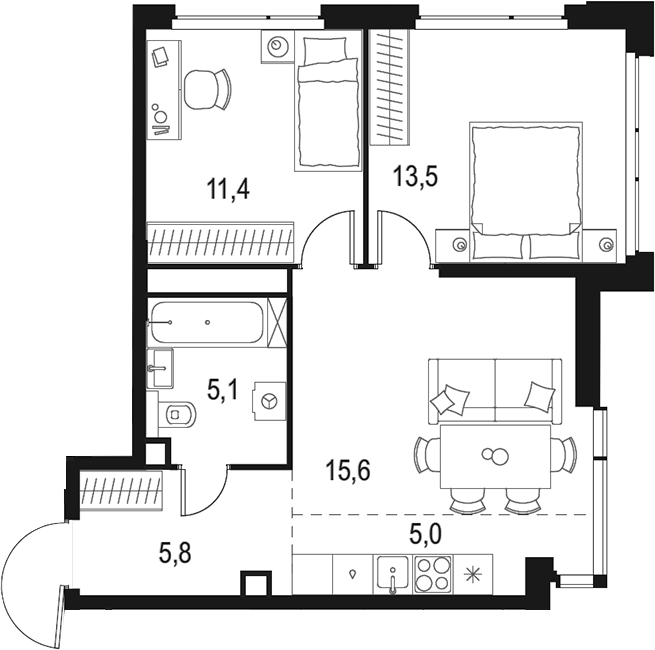 Планировка — Левел Мичуринский, 3-комн., 56 м²