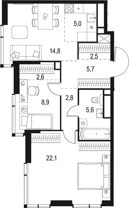 Планировка — Левел Мичуринский, 3-комн., 70 м²