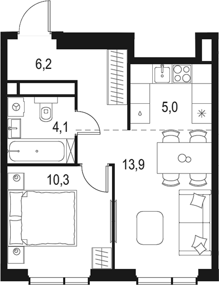 Планировка — Левел Мичуринский, 2-комн., 40 м²