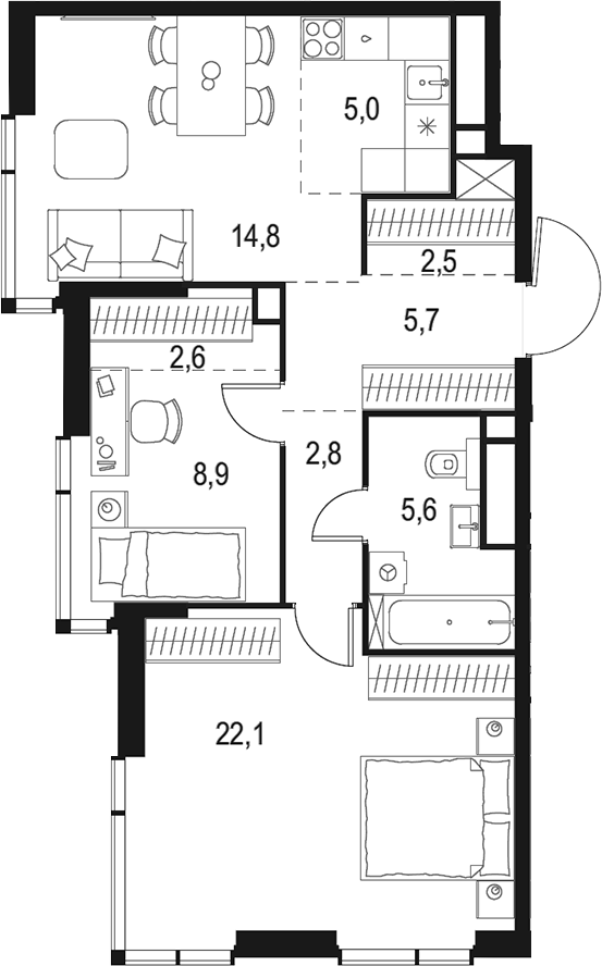 Планировка — Левел Мичуринский, 3-комн., 70 м²