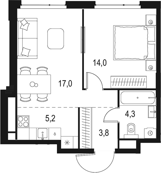 Планировка — Левел Мичуринский, 2-комн., 44 м²