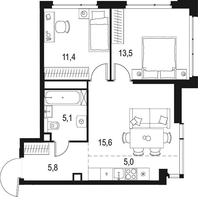Планировка — Левел Мичуринский, 3-комн., 56 м²